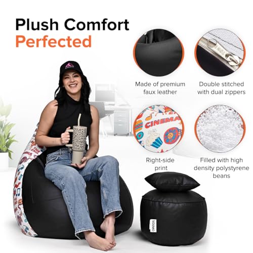 Image of Amazon Brand - Solimo Premium Faux Leather Bean Bag Combo with Footrest & Cushion, Filled with Beans | Capacity: Upto 6 Ft 3 in Height, 120 KG Weight | 4XL | Movie Time | Black