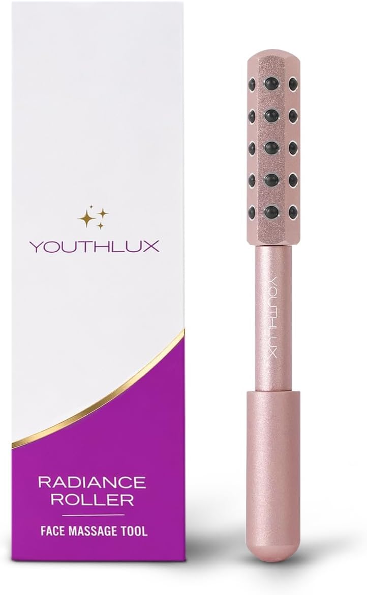 Radiance Roller – Germanium Stone Facial Massage Tool/Wand Face Roller for Lifting, Sculpting, De-Puffing, Glow Boost, Energizing & Cooling Effect (Rose Gold)