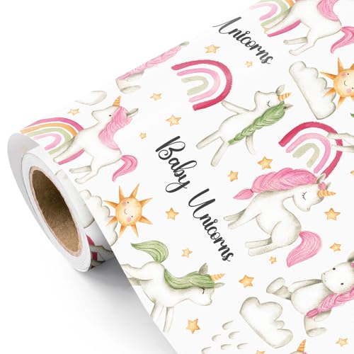 WRAPAHOLIC Baby Unicorn Wrapping Paper Roll - Mini Roll - 17 Inch x 16.5 Feet - Magical Rainbow Clouds Unicorn Baby Shower Wrapping Paper for Girls Birthday, Kids Gift