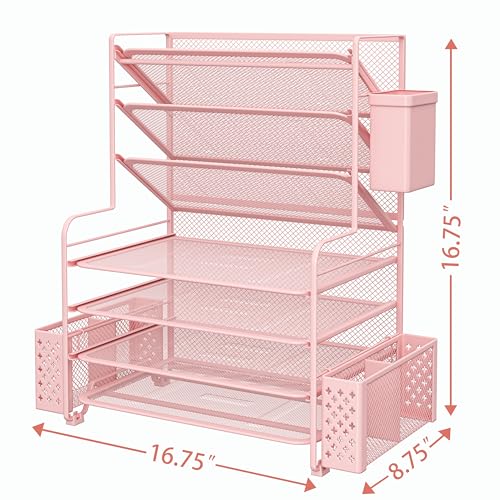 Simple Trending 7 Tier Desk File Organizer, Letter Tray Paper Organizer with Pen Holder and Metal Hanging Basket, Pink - Image 4