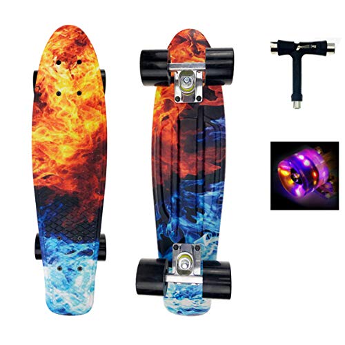 Sumeber Skateboard Kinder Mini Cruiser Skateboard Komplette 22 Zoll mit LED Leuchtrollen für Erwachsene Kinder Anfänger Mädchen Jungen Geburtstagsgeschenk (Flamme)