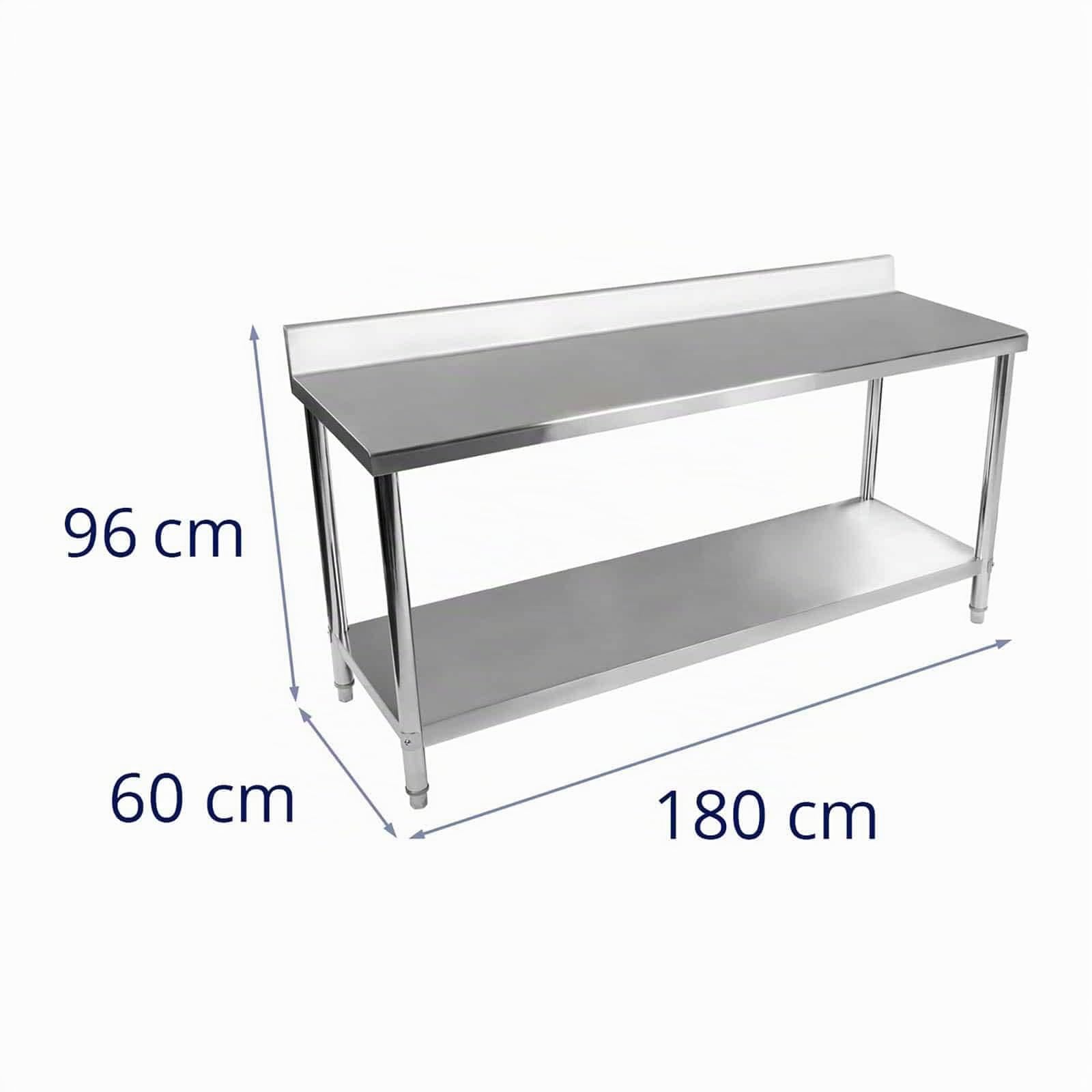 Royal Catering RCAT-180/60-S - Mesa de Trabajo (Acero Inoxidable, 180 x 60 cm, 1 Superficie de Trabajo y 1 Estante, hasta 400 kg, con Cantos Ajustables, Acero Inoxidable)