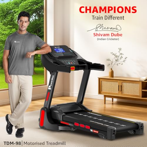 Image of PowerMax Fitness TDM-98 4HP Foldable Motorized Manual Incline Treadmill for Home Use, 110kg Max User, Max Speed-10kmph, Preset programs, Heart Rate Sensors, AUX, Speaker, USB, LED Display,Black