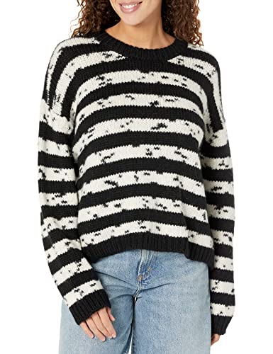 Velvet by Graham & Spencer Women's Luna Chunky Stripe Knit Crewneck Sweater Pullover, Black/Cream, M