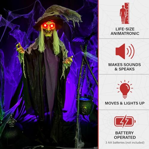 Haunted Hill Farm Life-Size Poseable Scary Talking Witch, Halloween Animatronic with Touch Activated Lights and Sound, Battery Operated Indoor or Covered Outdoor Halloween Decorations, Fright Props