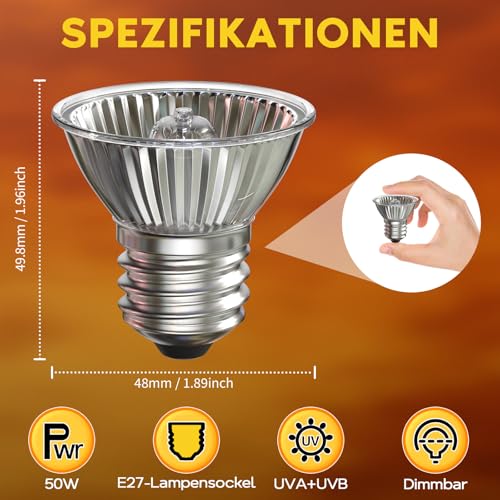 HeatingLux E27 Reptilien Wärmelampe Terrarium 50W UVA UVB Wärmelampe Schildkröten AC220-240V Dimmbar Wärmelampe Terrarium für Schildkröte, Schlange, Eidechse 4 Stück