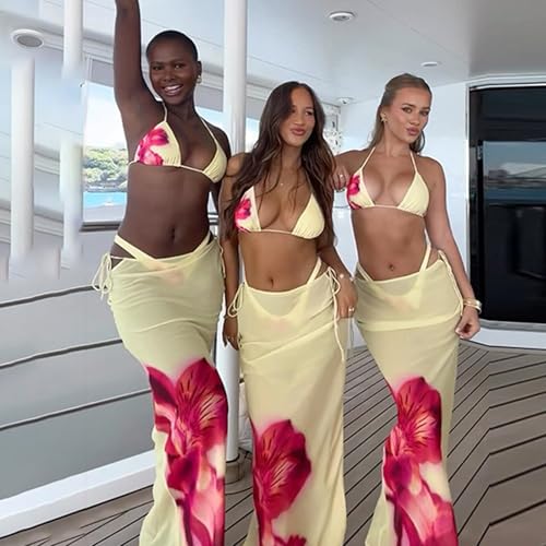 Womens 3 Piece Floral Print Swimsuit Halter Triangle Tie Side Bikini Sets with Cover Up Mesh Long Skirt3