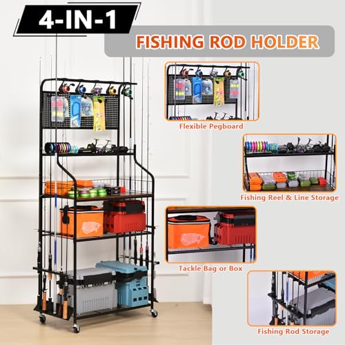 Lezbanz Heavy Duty Fishing Rod Holder, Fishing Organizer for Garage Up to 15 Rods with Hooks and Wheels, 4-Tier Fishing Rod Rack for Large Tackle Box and Reel Organization