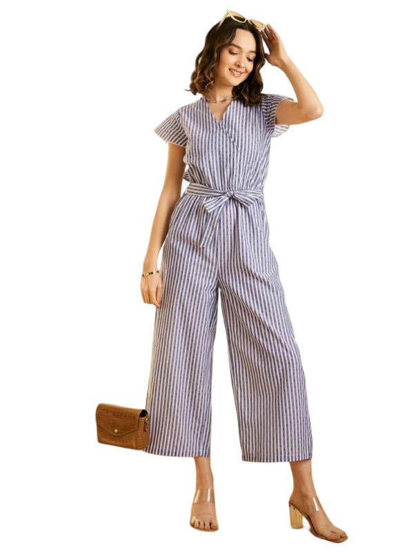 Tomar CreationWomen's Cotton Chambray Striped Short Sleeve Jumpsuit (Blue, 2XL)-PID61816-image-47