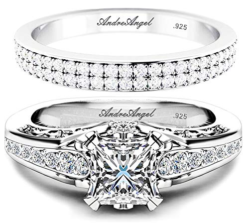 AndreAngel Engagement Ring Set for Women 2 pcs, Princess Cut 0.75 Carat, Solid Sterling Silver 925, 50 Cubic Zirconia Stones High Grade AAAAA+