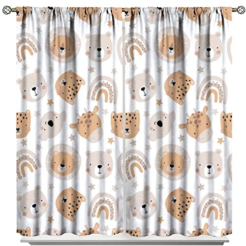 Cartoon Boho Animal Curtains,Funny Forest Safari Print,Cute African Wildlife Koala Giraffe Lion Leopard Bear Rainbow Blackout Window Drapes for Boys Girls Kids Baby Child Bedroom 63x72in