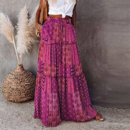 Floral Maxi Skirts for Women Trendy Summer Elastic High Waisted Long Skirts Tiered Flowy Swing A Line Skirt w/Pockets2