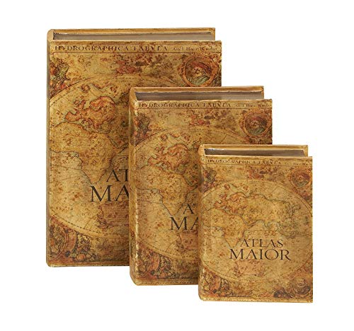 Deco 79 Wood Faux Book Box With World Map Cover, Set Of 3 15", 12", 9"H, Brown #TOP5