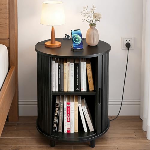 Image of DHH End Table Set of 2 with Storage & Charging Station, Fluted Accent Side Table with Sliding Door & Adjustable Shelf, Mid-Century Nightstand for Small Spaces, Living Room, Bedroom(2, Black)