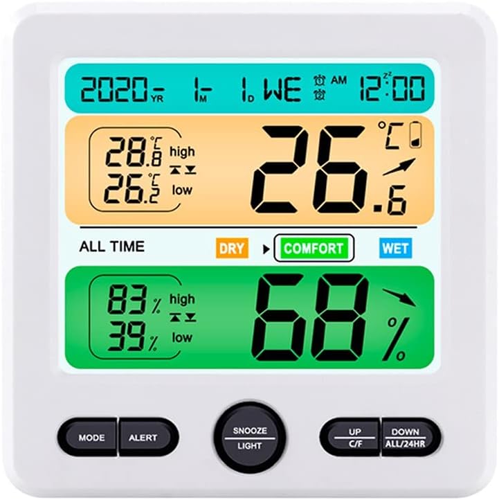 Digital Thermometer Hygrometer Weather Station Large LCD Indoor Flower All Time Temperature Humidity Monitor Alarm Clock(OneColor)