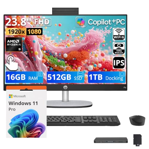 Image of HP 23.8 inch FHD Touchscreen All-in-One Desktop AI PC, AMD Ryzen AI 5 340, 16GB DDR5, 1.5TB Storage (512GB SSD+1TB Docking Station), FHD IR Camera, Wi-Fi 6, Wireless Keyboard & Mouse, Win11 Pro, Black
