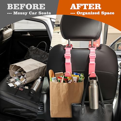Image of Amooca Anti-drop Car Headrest Hooks 4 Pack Seat Organizer for Bags | Universal Fit Cars SUV Truck, Adjustable, Holds Backpack Water Bottle Handbags Groceries, 40lb Heavy Duty, Clip Design