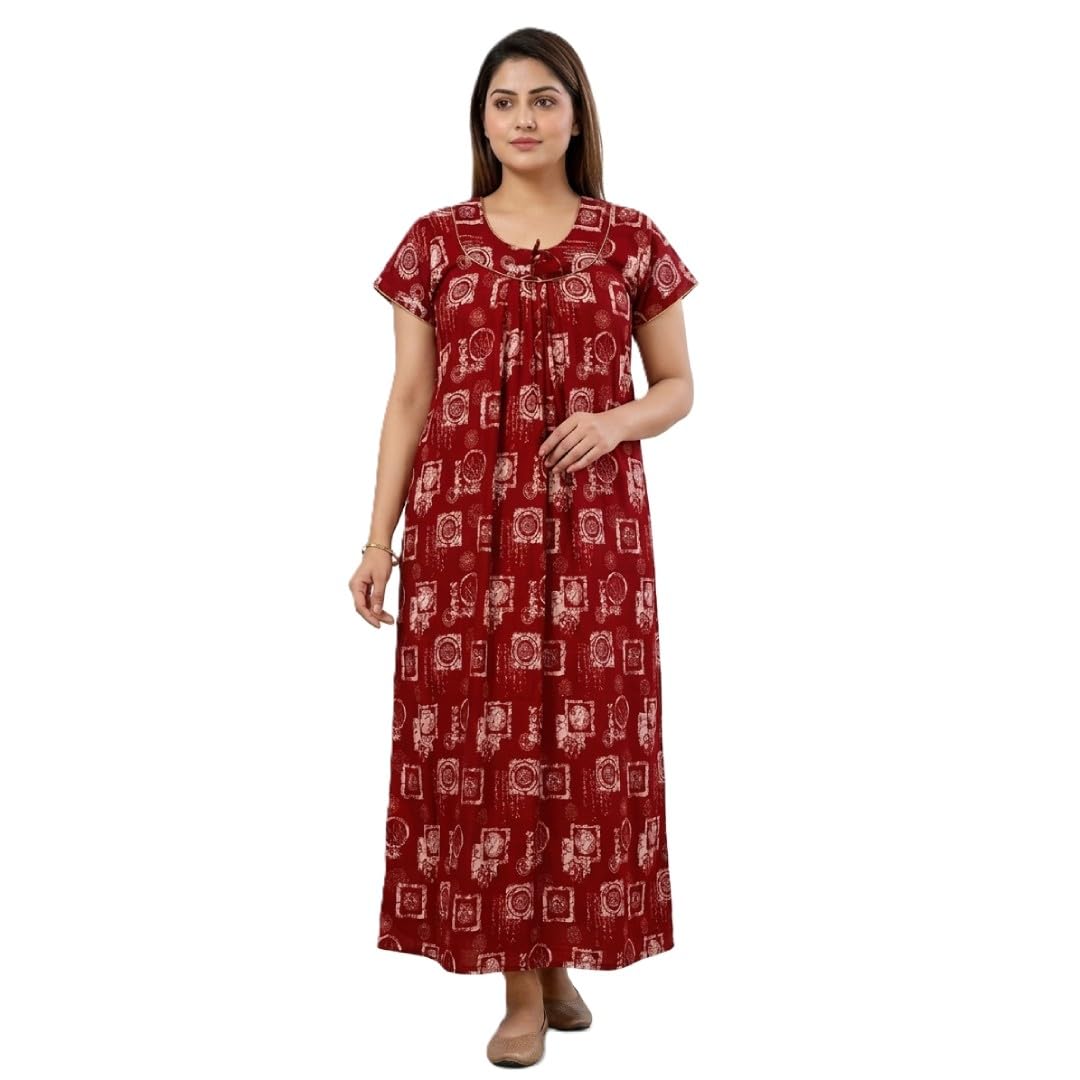 Stylish Women Nighty Pure Cotton Maroon Printed-image-13