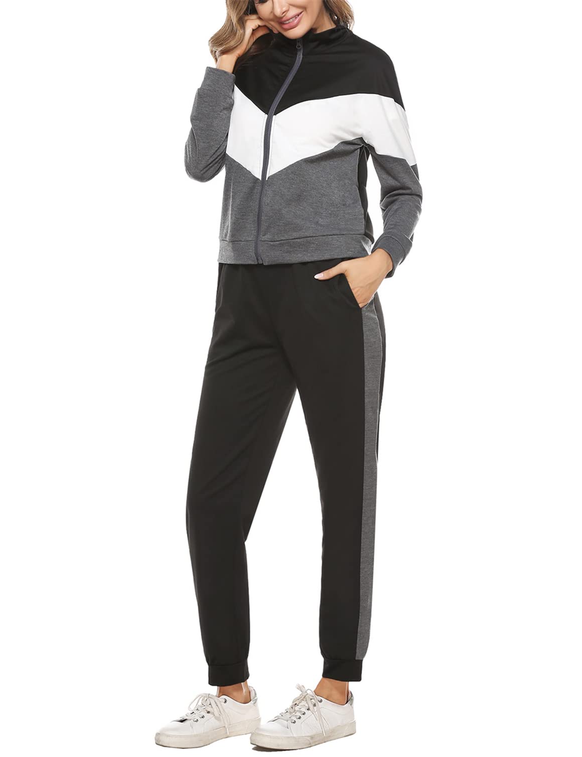 Marvmys Tuta Donna Sportiva Elegante Completa Tute Maniche Lunghe Colore Contrasto Autunno Invernale Sportivi Abbigliamento Jogging Yoga Training Fitness