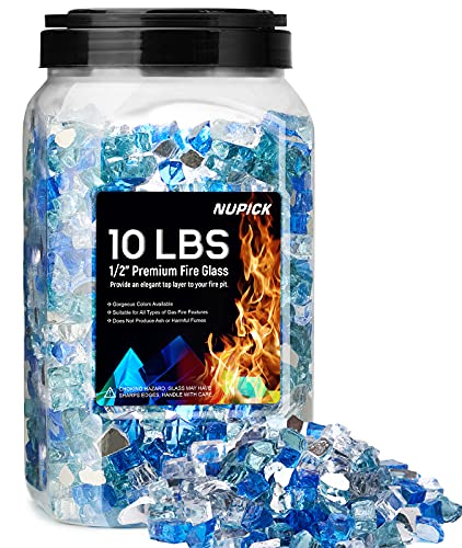NUPICK 10 Pound Fire Glass for Fire Pit, 1/2 Inch Tempered Mixed Fire Glass in Bahama Blend for Propane Fire Pit & Gas Fireplace, Blue and White Fire Glass Rock