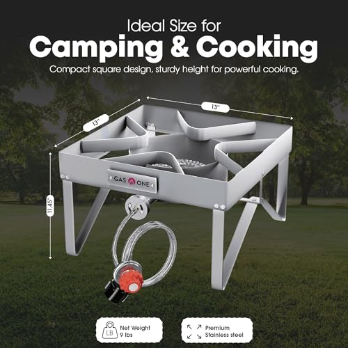 Image of GasOne Stainless Steel Outdoor Propane Burner - High Pressure Camp Stove with Adjustable Regulator & Steel-Braided Hose