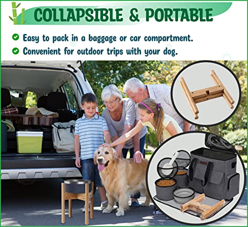 Dog Bowl Stand - Large Dogs Food Or Water Feeder Holder - Adjustable Widthand 8"-11" Wide, (Height 14" Tall) - Natural Bamboo Wood #TOP5