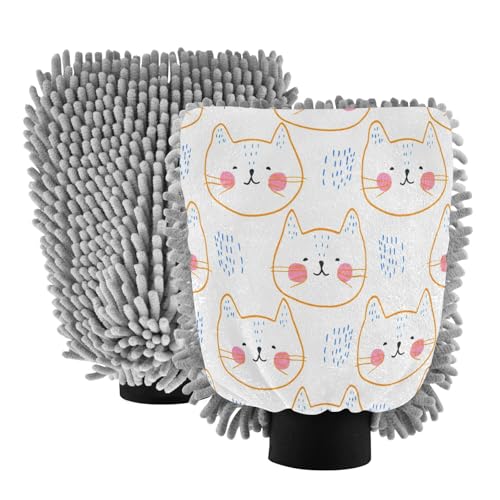 Kigai Cute Cat Faces Car Wash Mitt Microfiber, 2Pcs Scratch Free Lint-Free, Premium Chenille Microfiber Mitt Car Wash Brush-M
