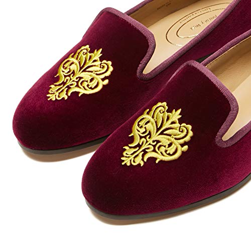Image of Journey West Women's Velvet Loafer Flat with Embroidery Smoking Slippers Slip on Shoes for Women Vine Burgundy US 8