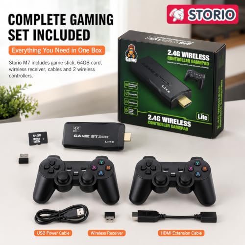 Image of Storio M7 Retro Game Stick for TV | 20,000+ Built-in Classic Games | Plug & Play HDMI Video Game Console with 2 Wireless Controllers & 64GB Card | Gaming Toy for Kids 7-15 Years & Family Fun