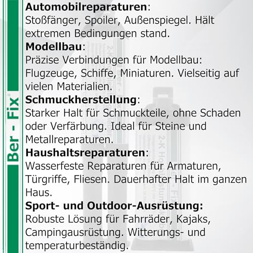 Ber-Fix 2K Hochleistungskleber Extrem starke Verbindung in 30 Minuten Für ABS, GFK, PVC, Stahl, Gusseisen, Holz 25g Spritze, 3 Statikmischspitzen zur präzisen Dosierung
