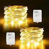 Timer Fairy Lights Battery Operated 2 Pack 16.4Ft 50 LEDs Silver Copper Wire Twinkle String Lights with Timer 5 Lighting Modes for Christmas Bedroom Wedding Parties Holiday Decorations (Warm White)