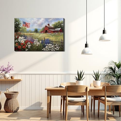 Image of Framed Rustic American Flag Red Barn Wall Art, Patriotic Farmhouse Canvas Art Pictures, USA Flag Wall Decor for Living Room Kitchen Entryway, Ready to Hang Made in USA