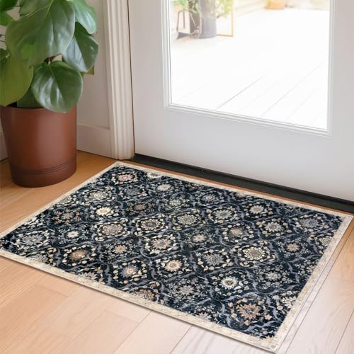 KILOCOCO 2x3 Area Rug, Moroccan Super Soft Entryway Rugs Indoor Vintage Washable Rug Non-Slip Indoor Door Mat, Accent Print Faux Wool Throw Rug for Kitchen Bedroom Entrance, Black, Navy Blue/Multi