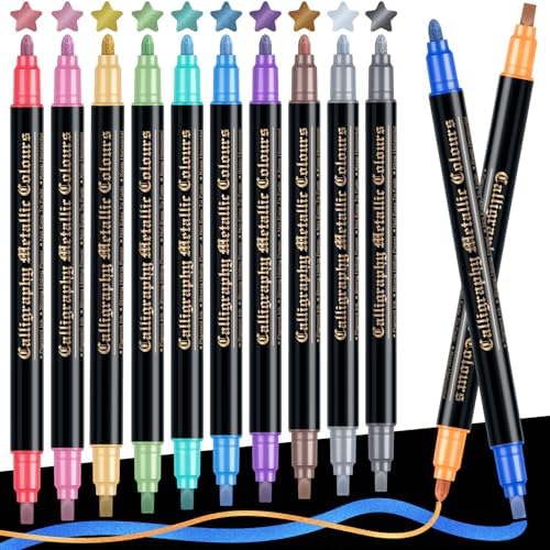 APOGO Metallic Markers, 12 Colors Dual Tip Chisel & Round