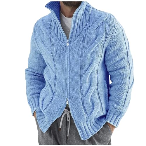 Men's Full Zip Cardigan Sweater Fall Fashion Casual Long Sleeve Cable Knitted Zip Up High Neck Sweater