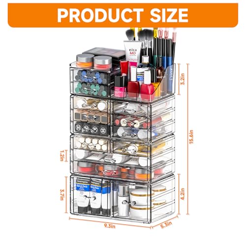 Cq-acrylic-Make-Up-Organizers-for-Vanity-With-14-Drawers-4-Pack-Clear-Drawer-OrganizersPlastic-Cute-Desk-Accessories-Organization-and-Bathroom-Organizers-Storage-Case-Box-Cube-for-BeautySkin-Care