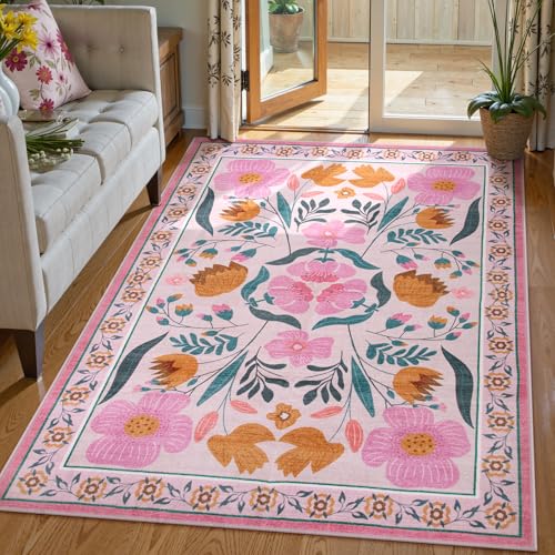 Alfombra decorativa floral rosa 5x7 pies miniatura 2