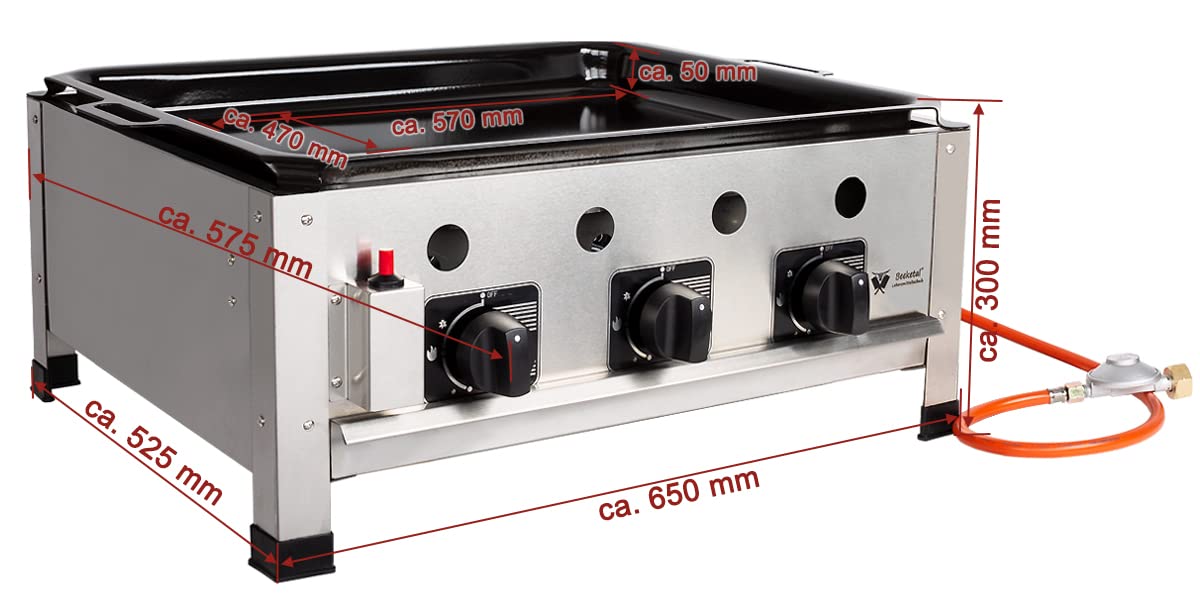 Beeketal 'GGB-1' Profi Gastrobräter Gasgrill mit emaillierter Stahlpfanne, 3-flammig, Piezo Zünder, 3 x Gasregler stufenlos, Gasbräter inkl. emaillierter Stahlpfanne, Gasschlauch und Druckminderer