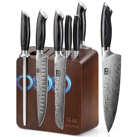 SHAN ZU Kitchen Knife Set with Double Sided Magnetic Knife Block, 7PCS Knife Block Set in Powder Steel Ultra Sharp Japanese Knife Set with Sharpening Steel Chef Knife Set with Pakkawood Handle Cover
