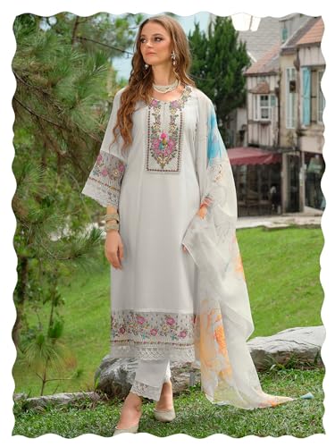 Image of INDO ERA Women's A-Line Silk Blend Floral Embroidered Kurta & Pant with Dupatta Set (IEOUT10970)