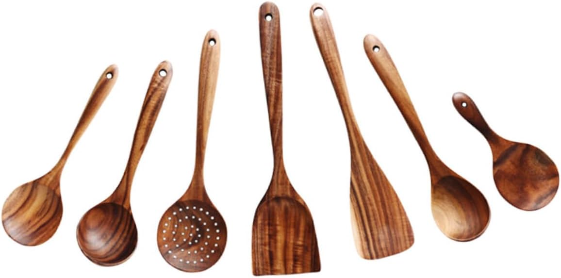 Generic 1Set Long Handle Wooden Cooking Spoon Kitchen Utensil Kit for Non Stick Cookware Multi Wood Spoons for Stirring Flipping and Serving