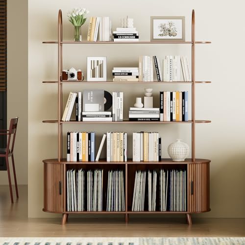 zofiauai Tall Large Bookshelf with Sliding Doors 5 Tier Long Wood Bookcase Mid Century Modern Book Shelf with Storage Arched Fluted Display Shelf for Office Living Room Bedroom Walnut