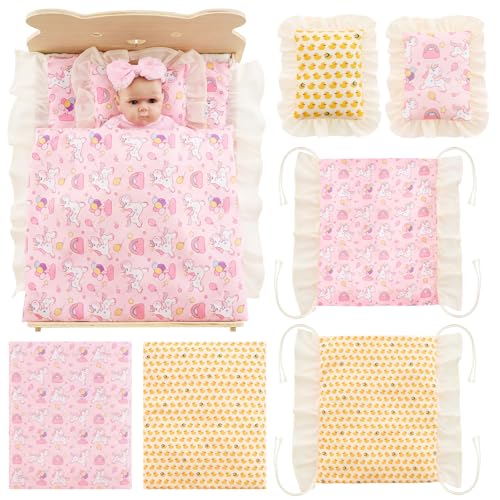 Halloscume 6 Set 18 Inch Doll Bedding Accessories Set Included Comforter Mattress Pillow Cute Accessories- Fits 18 Doll Beds Bunkbeds Cribs and Cradles Featuring Pretty Lace and a Securing Cord