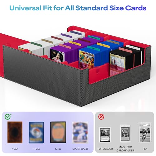 Image of UAONO Trading Card Storage Box, Holds 2400 Sleeved Cards with 24 Dividers & 4 Stoppers, Magnetic Closure PU Leather Card Case for MTG, PTCG, YGO, Sports Cards (Black&Red)