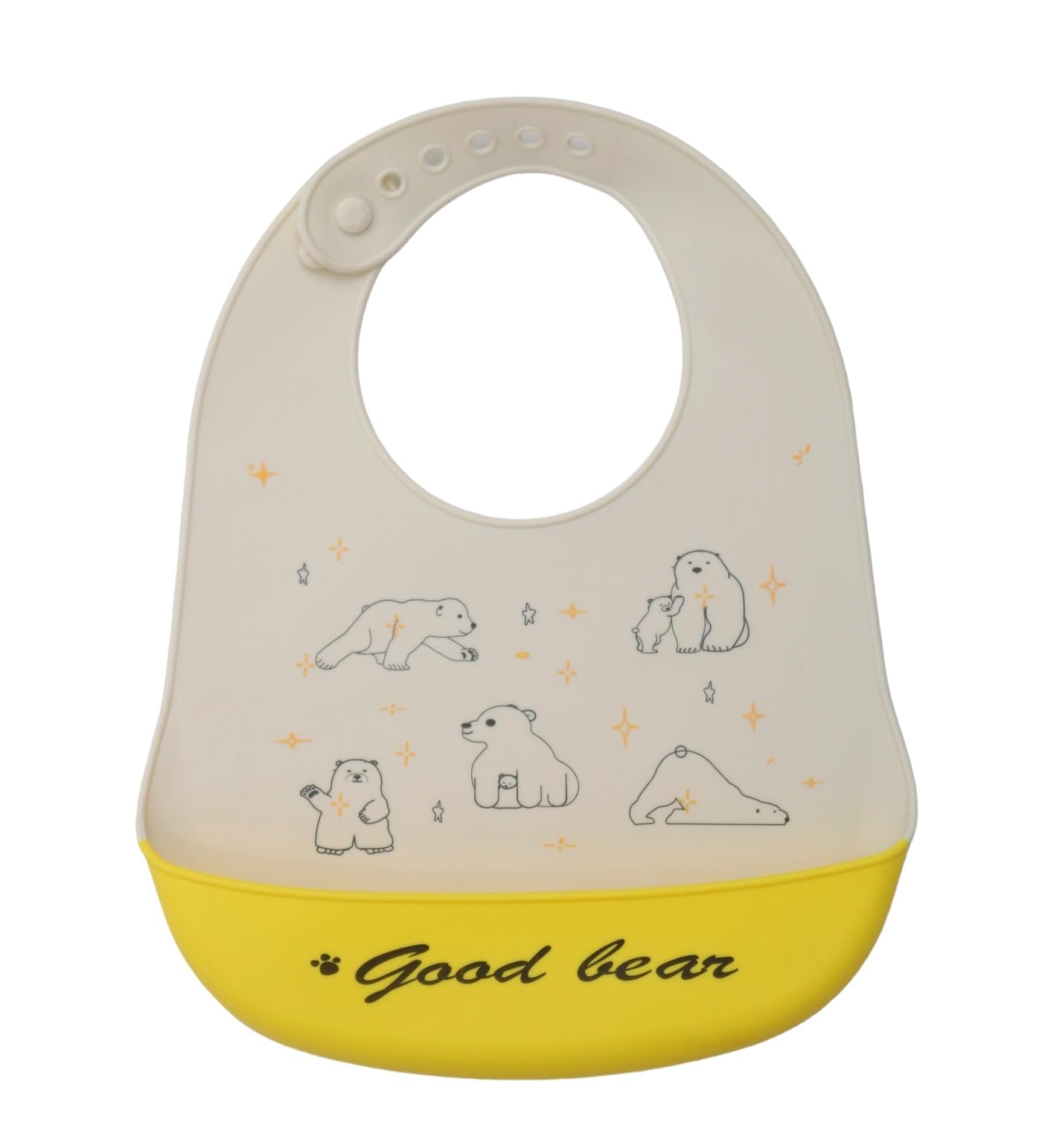 Yellow Bee Silicone Bear Print Bib with Crumb Catcher and Adjustable Closure for Boys, Cream and Yellow, 6-36 Months