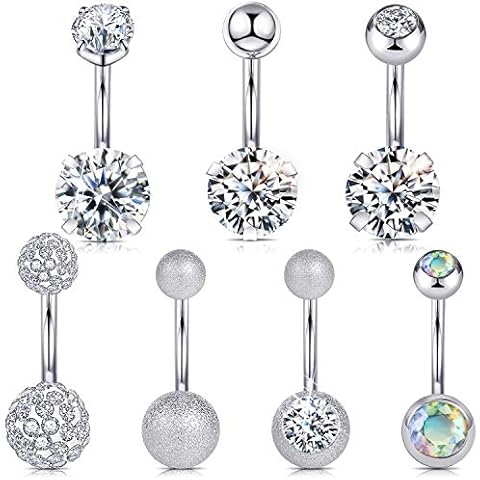 Wssxc 14G Hypoallergenic Surgical Steel Belly Button Ring Cubic Zirconia Belly Button Barbs Body Piercing Set 7Pcs Cover