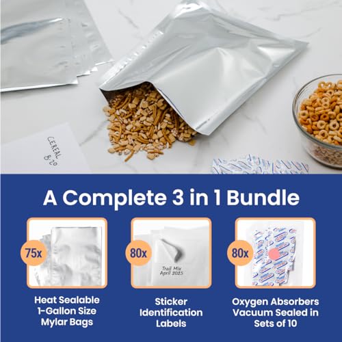 Wallaby 75 Count 1-Gallon Mylar Bags with 400cc Oxygen Absorbers, 10 Mil Total Thickness Long-Term Food Storage Pouches, 10x14 Heat-Sealable Airtight Packaging - Silver