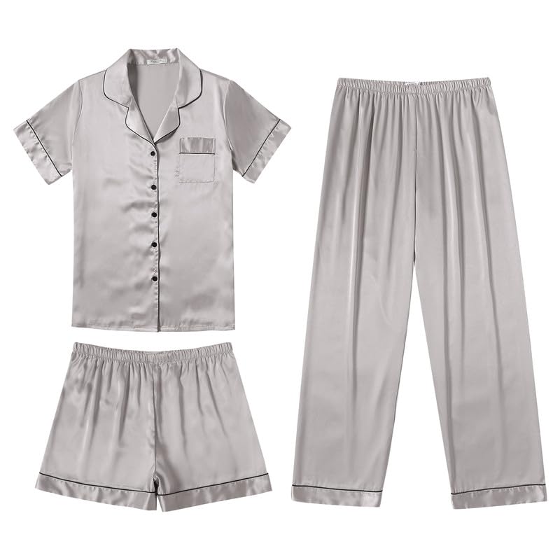 Image of Ekouaer Silk Pajamas for Women Set Satin Soft Short Sleeve Button Down Pjs | 3 Piece Loungewear,Comfy Sleepwear,Silky Smooth Fabric,Gift for wedding,Bridal Party,Coffee Time,Vacation