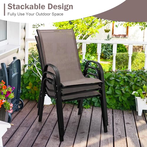 Image of Giantex Patio Chairs Set of 4, Stackable Outdoor Dining Chairs with Breathable & Quick-Dry Fabric & Armrests for All Weather, Lawn, Backyard, Poolside,Porch, Deck, 330 LBS Capacity (Brown)