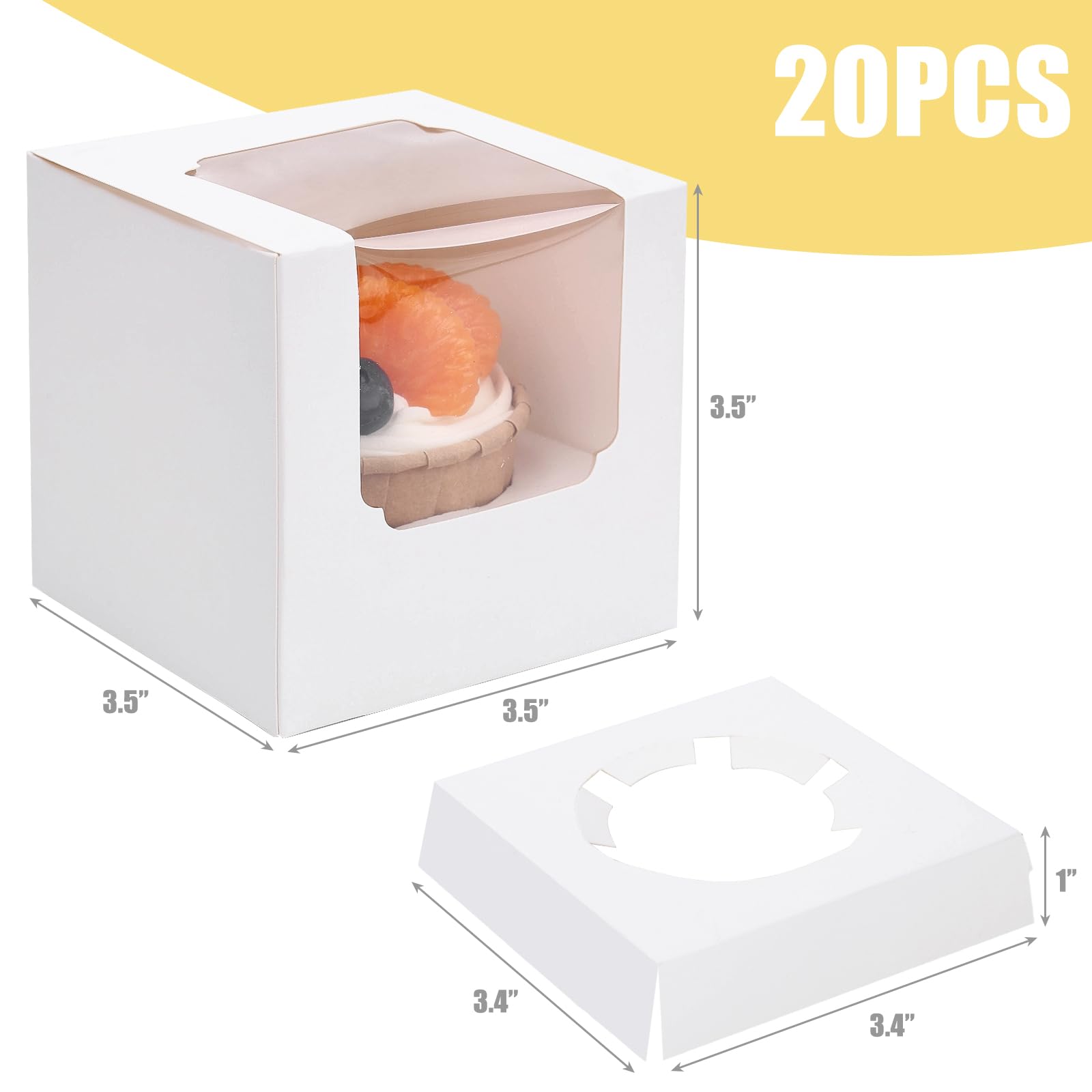 20 cajas blancas para cupcakes, 3.5 x 3.5 x 3.5 pulgadas, recipientes individuales para cupcakes premontados con ventana e insertos para bodas, baby shower, cumpleaños 2
